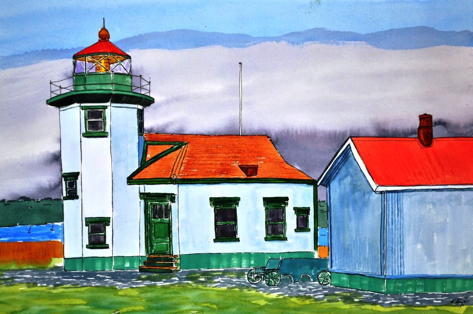 Watercolor of Point Robinson Lighthouse with a green and orange tower, red roof keeper's house, and a blue outbuilding under a cloudy sky